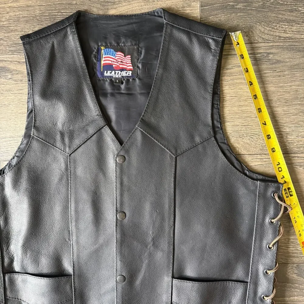 Vintage Leather USA Sz L Black Leather Biker Vest Motorcycle Lace Up Western